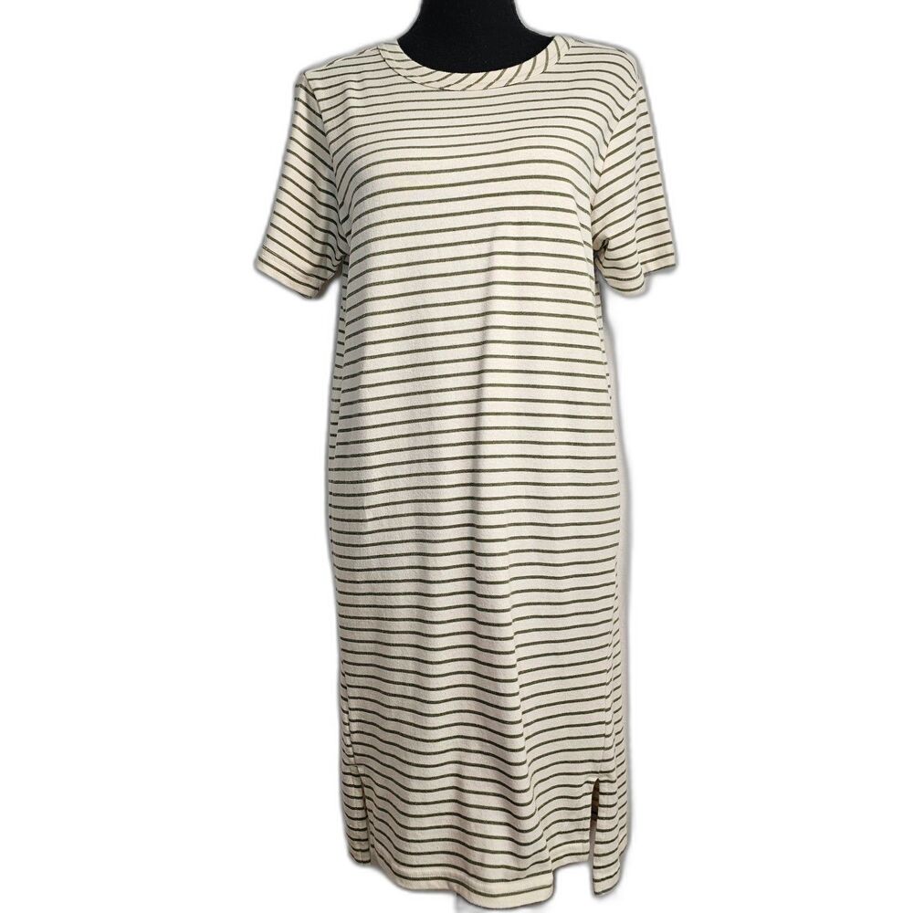 Buffalo David Bitton Striped T-shirt Dress in Olive Green & White Cotton sz XS